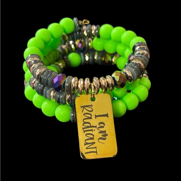 Handmade Jewelry - Neon Green Beaded Bracelet with Gold Tag